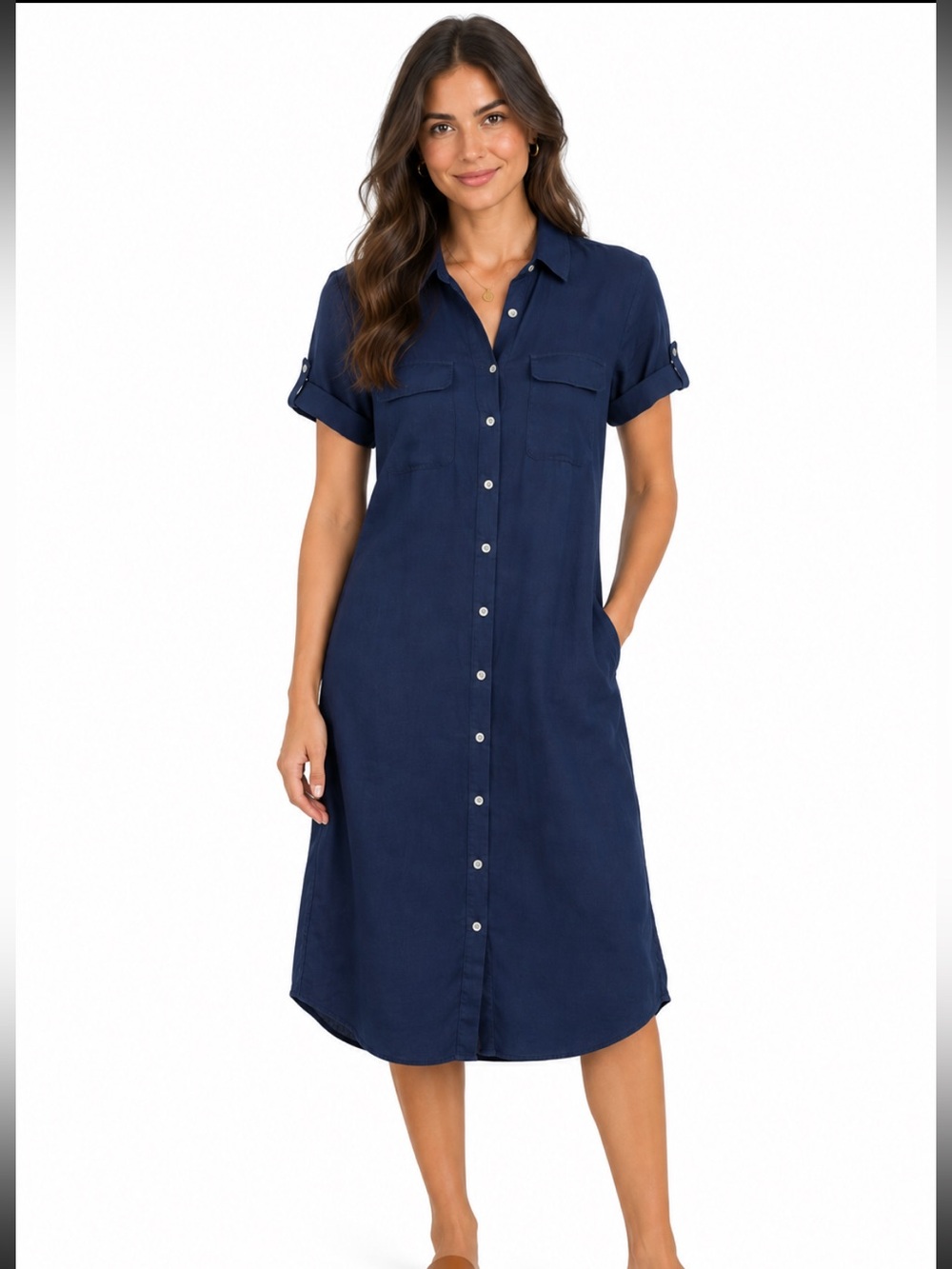 Chico’s Navy Button Down Shirt Midi Dress Roll Tab Sleeve Size Small